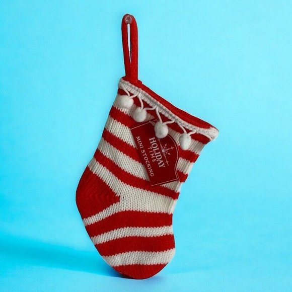 Cable Knit Mini Sweater Knit Christmas Stocking Red White Striped Pom Poms NEW - Picture 1 of 5